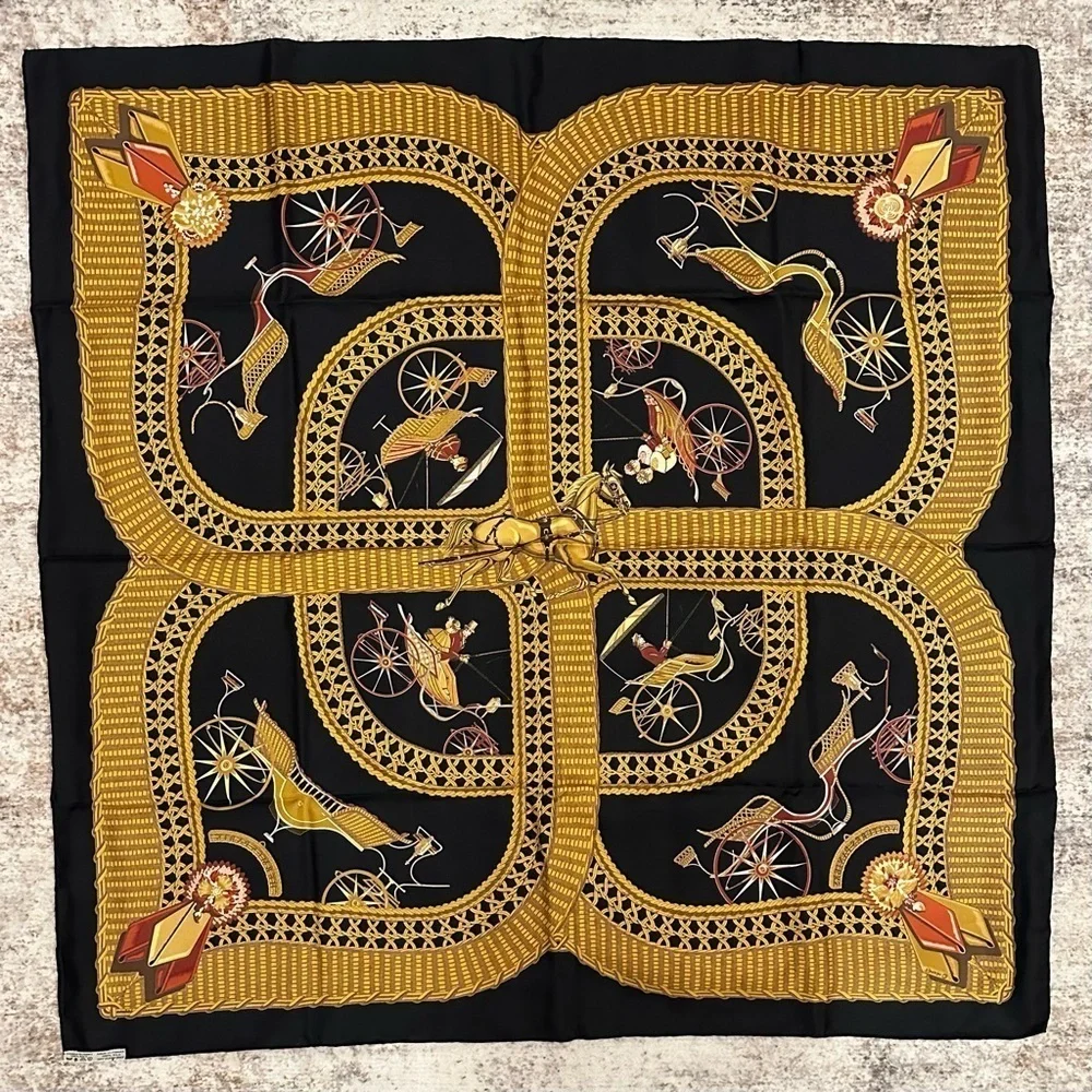 Hermes Black Voitures Paniers by J Abadie Silk Scarf France black gold red 35x35